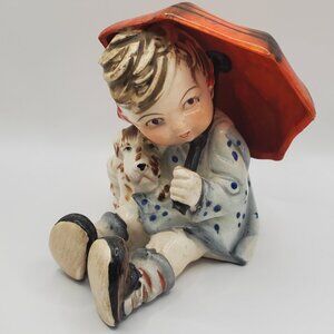 Vintage Japan Ceramic Figurine Boy with Dog Under Red Umbrella | Hummel Style